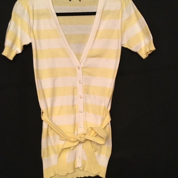 Almost Famous Sweaters - Almost Famous Vintage Pale Yellow & White short sleeve Striped Cardigan, size S.
